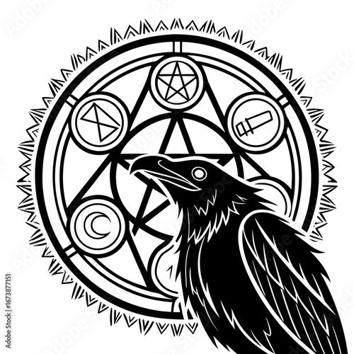 Vector art of black raven with alchemical symbols