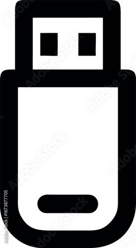 Simple black line icon of a USB flash drive. A vector symbol representing data storage, digital transfer, computer hardware, and modern technology isolated on a white background