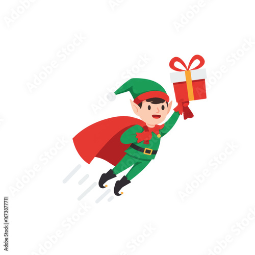 Joyful Christmas elf superhero in a red cape flying while holding a festive gift box.