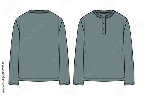 Fashion CAD of Long Sleeve Henley Top. Long Sleeve Henley Shirt Flat Sketch Outline.
Men's White Henley T-Shirt Design with Buttons.
Fashion Flat Sketch, Fashion Template, Technical Drawing.