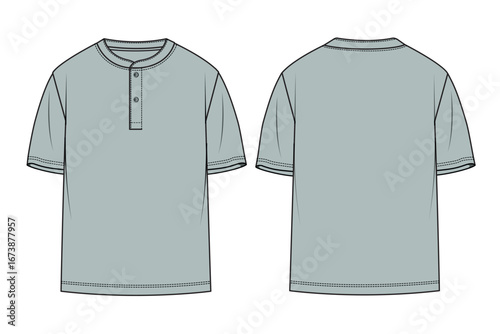 Short Sleeve Henley T-Shirt Flat Sketch Vector.
Men's Grey Henley Tee Fashion Template.
Basic Henley Shirt Design with Buttons. Fashion Flat Sketch, Fashion Template, Technical Drawing