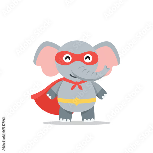 Cute gray elephant superhero character in a red cape mask and yellow belt standing and smiling.