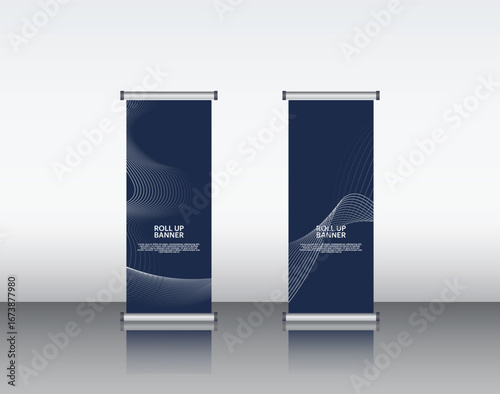 roll up banner edit file Dark Blue Corporate Roll-Up Banner – Modern Abstract Geometric 3D Render Mockup