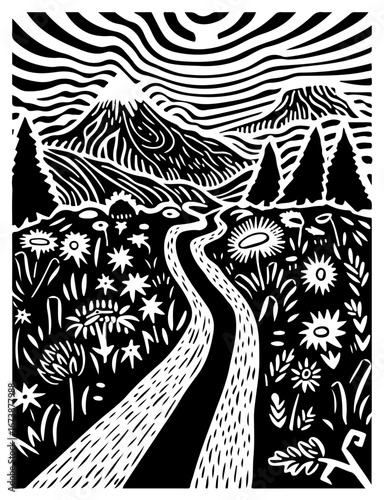 landscape lino cut illustration drawing flower illustration tree mountain flowers road park grass
