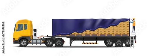 Isometric Shipping, Cargo transport. Big commercial semi-truck with trailer. Cargo Truck transportation, delivery, boxes. Delivery and shipping business cargo truck and logistic systems.