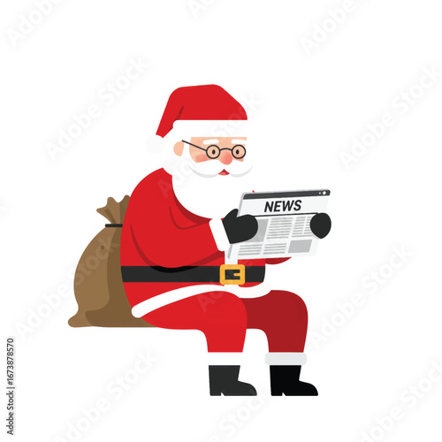 Cartoon Santa Claus in a red suit sitting on his sack and reading the news.