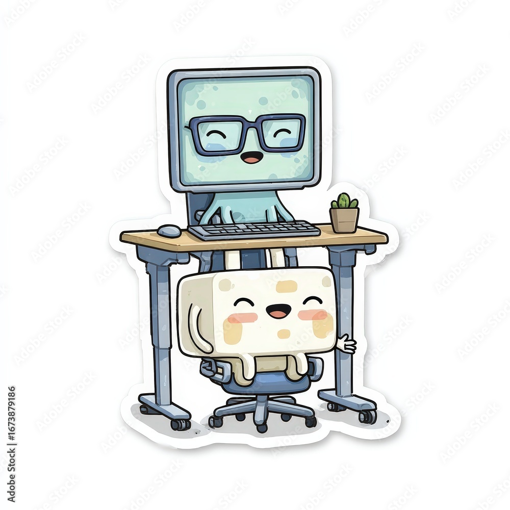 Naklejka premium Smiling Computer Characters at an Office Desk