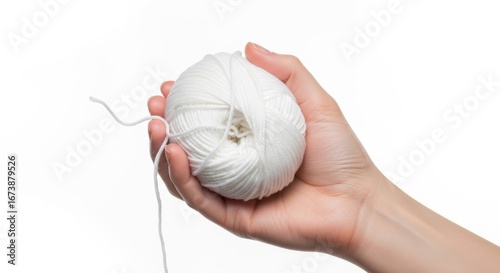 Hand holding a ball of white yarn, Hand on white background