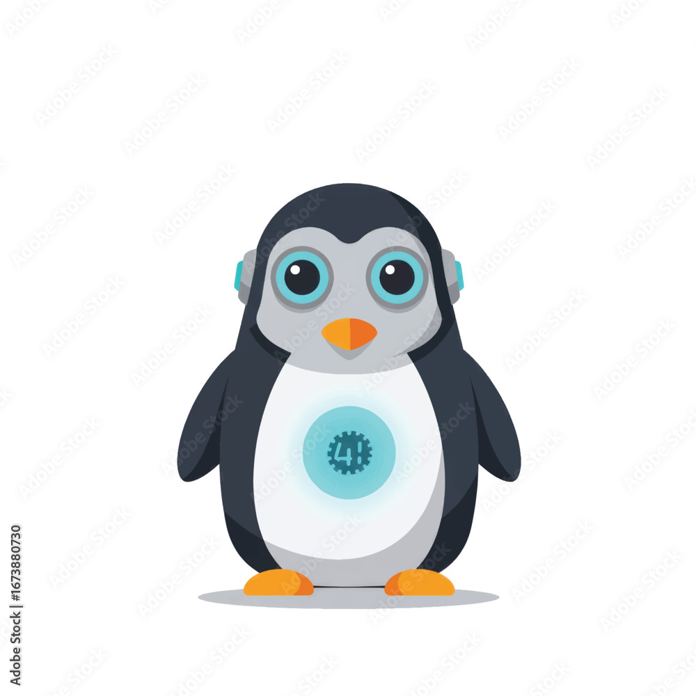 Obraz premium Cute robotic penguin character with large blue eyes and a glowing gear emblem on its chest.