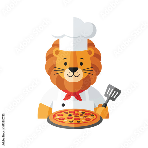 Charming cartoon lion chef in a white uniform and toque holding a pizza and a spatula.