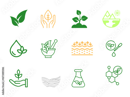 Ecology and environment icon set with green leaf, tree, recycling, and water symbols for nature-friendly design