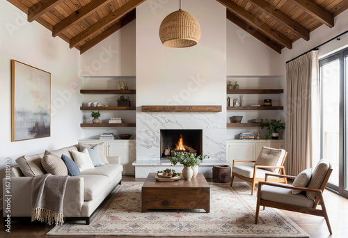 A bright and airy living room with a vaulted wood ceiling, a modern marble fireplace, and rustic floating shelves, creating a sophisticated coastal farmhouse feel.
