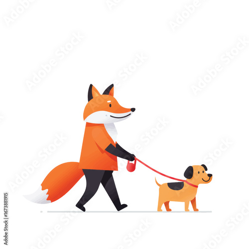 A friendly cartoon fox in clothes walking a happy spotted dog on a red leash.