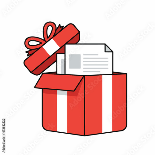 Open red and white striped gift box with a bow containing paper documents A conceptual illustration of a content gift.