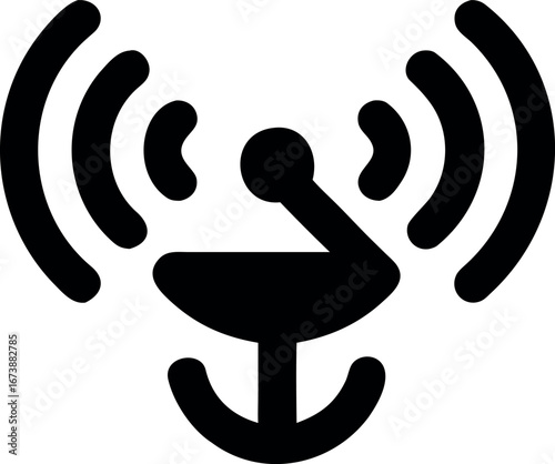 Simple black silhouette of a satellite antenna broadcasting waves, a vector icon symbolizing telecommunication, data transfer, and wireless technology concepts