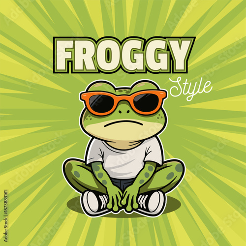 Cartoon mascot illustration of a cool frog sitting cross-legged on the ground