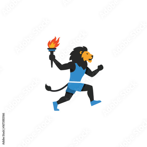 Athletic anthropomorphic lion character with a black mane running while holding a flaming torch.