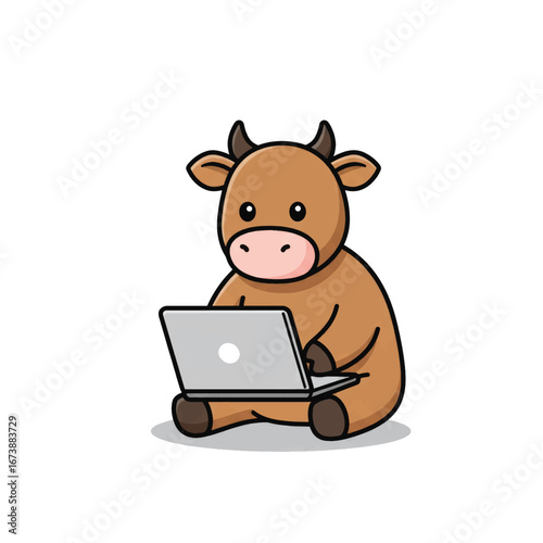 A cute brown cartoon cow character sitting on the floor and working on a silver laptop computer.