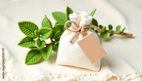White Knitted Pouch with Green Leaves and Tag on Lace Fabric