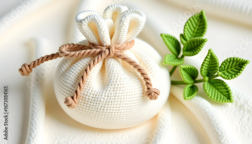 White Knitted Pouch with Twine and Green Leaves cream
