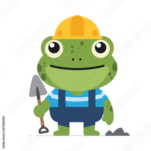 Charming green frog construction worker in a yellow hard hat and overalls holding a shovel.