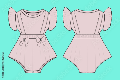 Girls Puff Sleeve Pink Colour Romper Dress Fashion Flat Sketch Technical Drawing Outline.