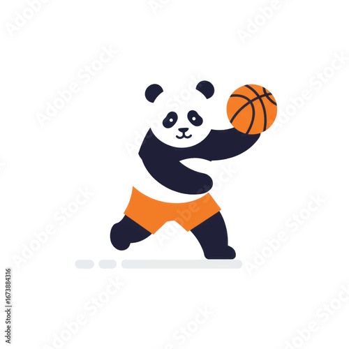 A happy cartoon panda in orange shorts holding a basketball in a dynamic pose.
