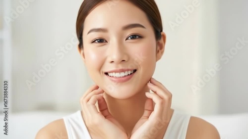 Beautiful asian woman with clear skin touching her face and smiling gently, promoting skincare and natural beauty