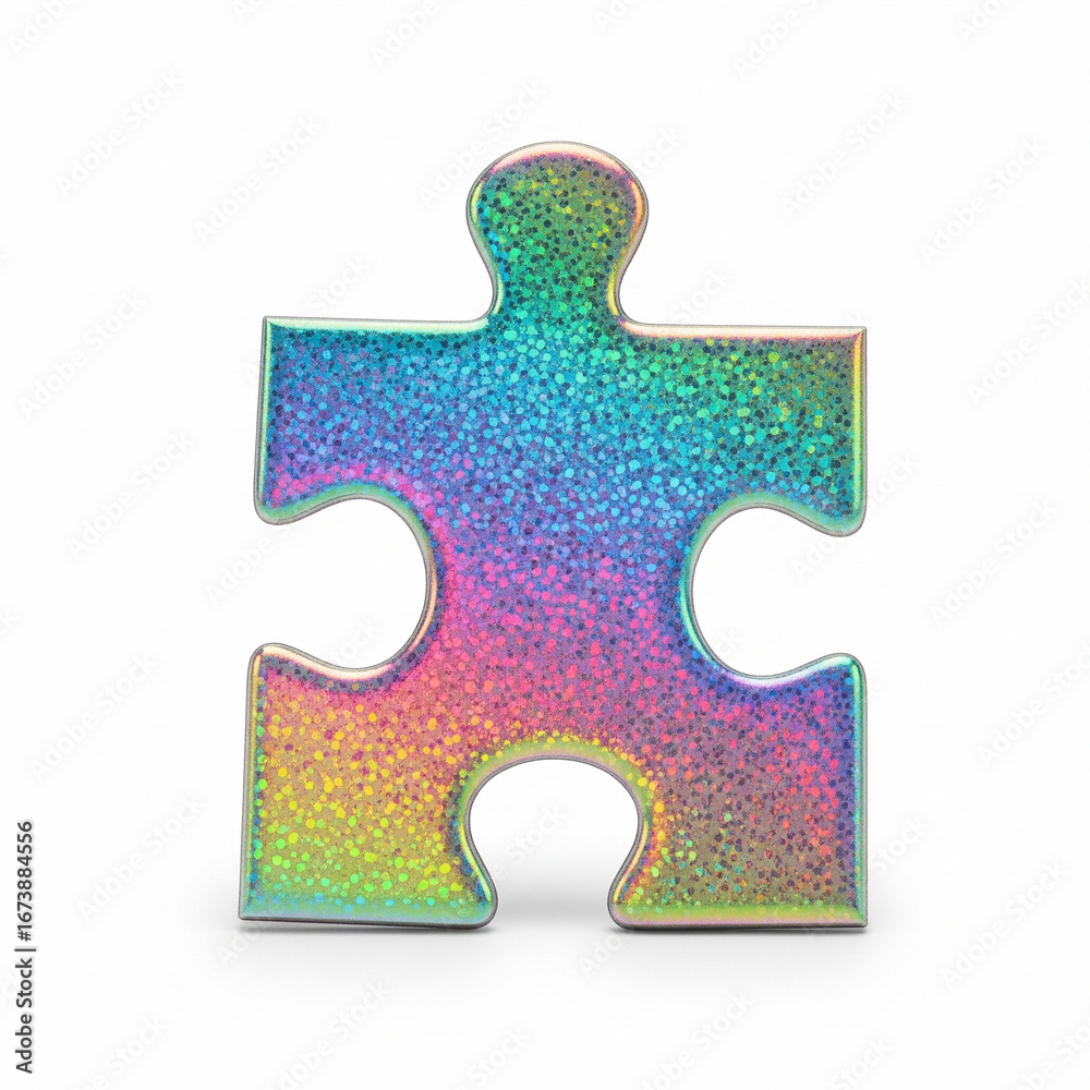 Obraz premium A shiny glittery colorful iridescent puzzle piece isolated on white