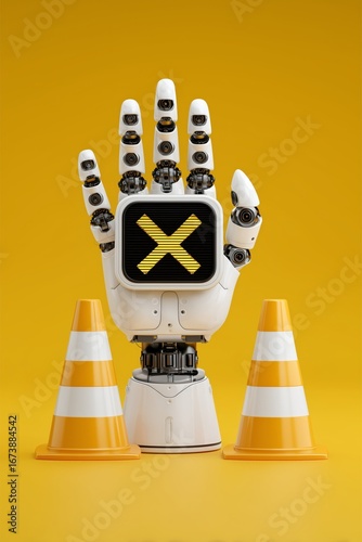 A futuristic robotic hand with cameras and sensors holds a warning symbol, surrounded by traffic cones.