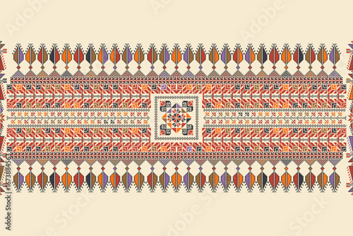 Traditional Tatreez embroidery horizontal seamless pattern, Palestinian border. Scalable vector design for print, background, template