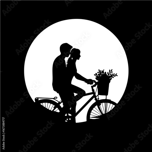 : Romantic Couple on a Bike Silhouette, Love on a Bicycle, Date Night Ride