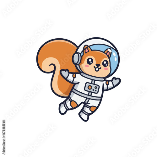 A cute cartoon squirrel astronaut floating happily in a white spacesuit with a big bushy tail.