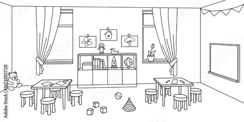 Preschool classroom graphic black white interior sketch illustration vector 