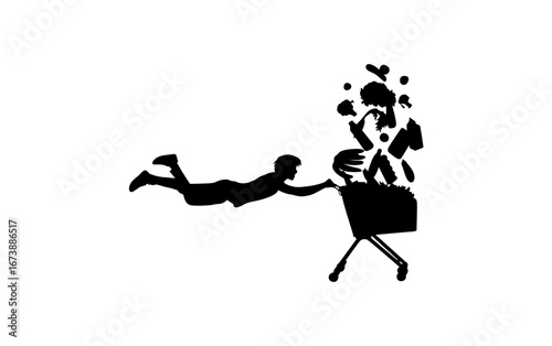 Silhouette of a person being pulled by a chaotic shopping cart overflowing with various groceries.