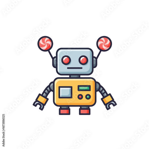 A colorful cartoon toy robot with red lollipop antennae round eyes and a neutral expression.