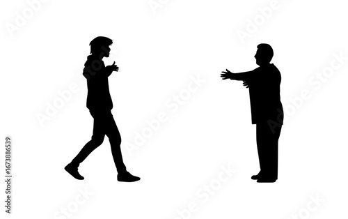 Silhouette of two people, one walking and gesturing, the other standing in a receptive pose.