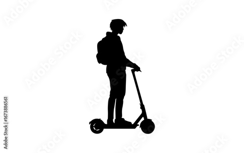 A simple, bold silhouette of a young person on an electric scooter, perfect for representing urban transportation, youth culture, or eco-friendly lifestyles.