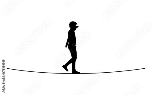 A dramatic silhouette of a child walking a tightrope, highlighting focus and skill.