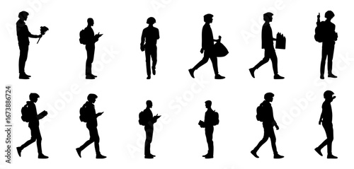 A set of twelve silhouette illustrations of people walking, showcasing various carrying items, like bags, books, and flowers.