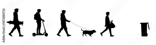A series of black silhouette illustrations depicting people engaging in various urban activities, showcasing a progression from carrying a large item to walking a dog to shopping.