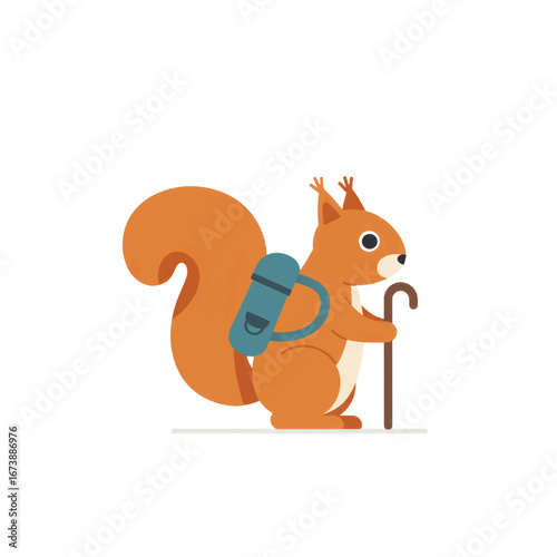 A cute cartoon squirrel hiker with a blue backpack and a brown walking stick ready for an adventure.