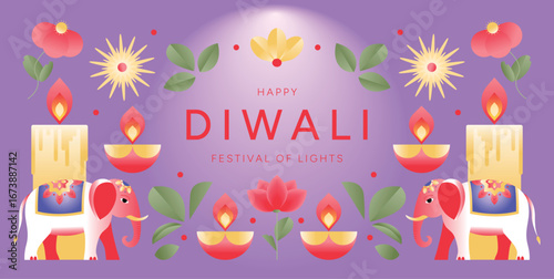 Happy Diwali Festival of Lights banner with decorated Elephants, glowing candles, oil lamps, lotus flowers, floral ornaments on purple background. Vector illustration for greeting card, poster, banner