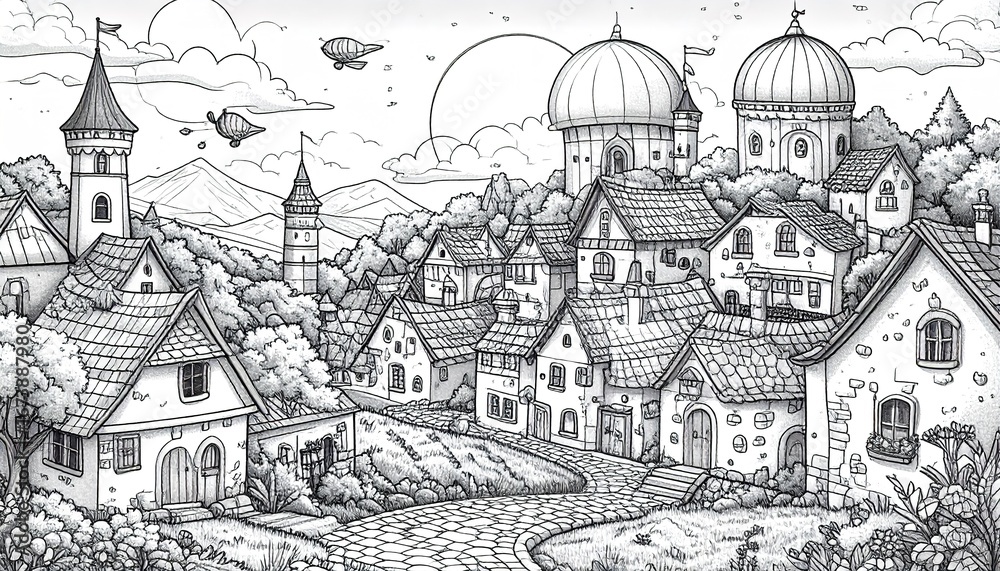 Obraz premium Fantasy Village Coloring Page An Imaginative Medieval Town with Zeppelins