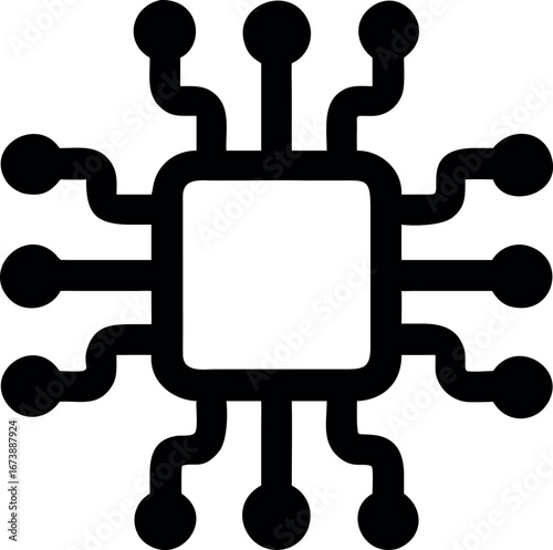 Monochrome graphic of a central processing unit chip, a symbol for modern digital technology, electronics, and computing power