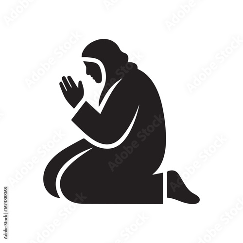 A black vector logo of a Muslim person kneeling in prayer. 