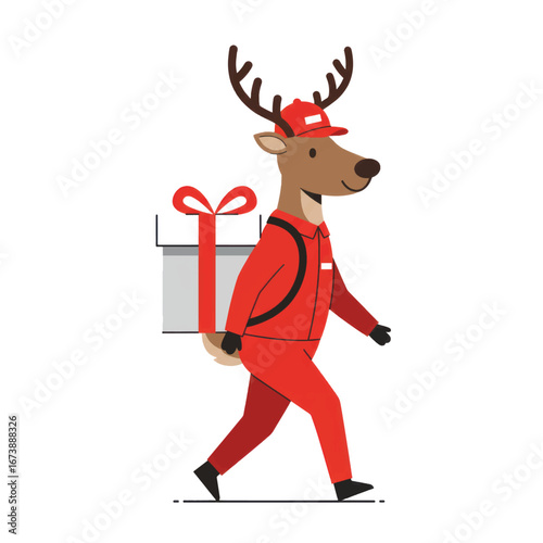 A friendly reindeer courier in a red uniform and cap walking while carrying a large gift box on its back.