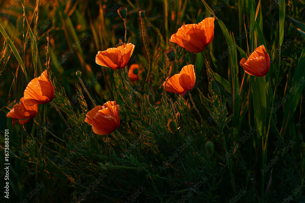 Fototapeta premium Bright orange poppy flowers blooming in a green field with soft sunlight, conveying natural beauty and tranquility on a summer day.