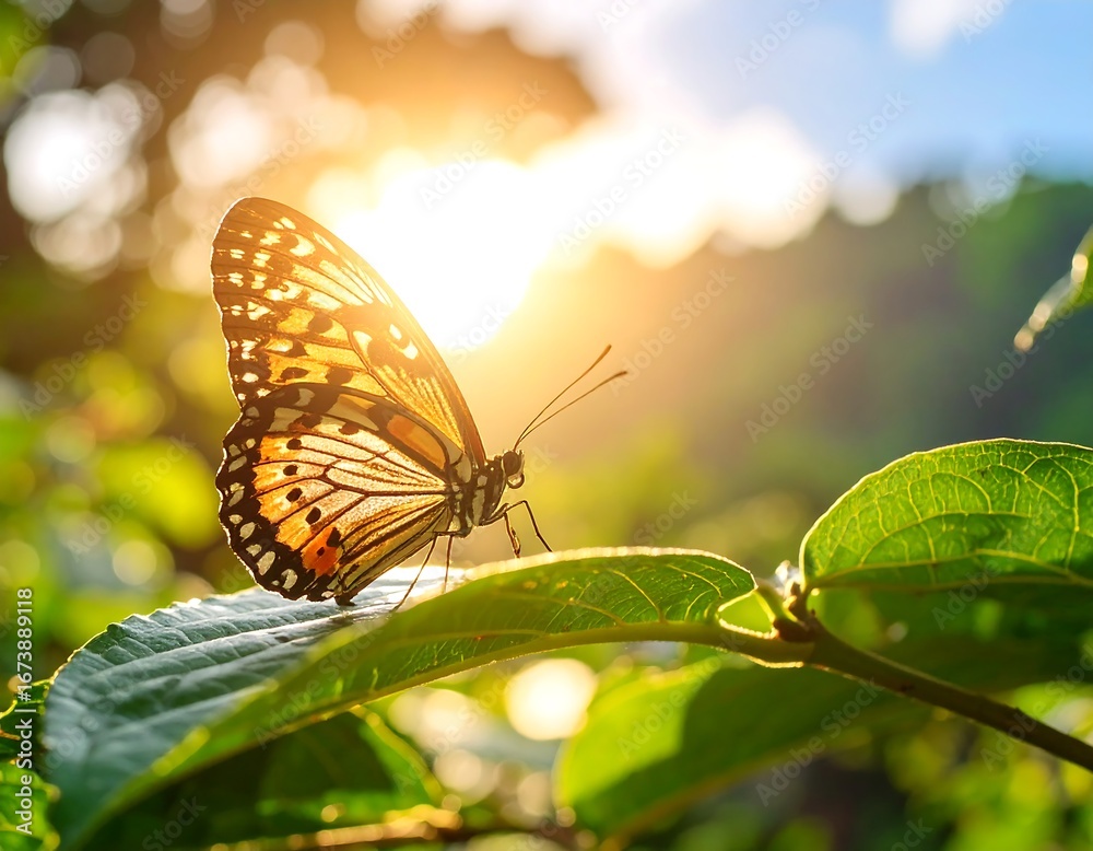 Obraz premium A radiant butterfly rests on a vibrant leaf, bathed in golden sunlight, highlighting the beauty of nature's gentle glow.