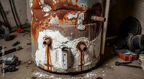 Old broken water heater tank has heavy traces of rust, scale, worn metal and corrosion needs repair and maintenance of hot water system
